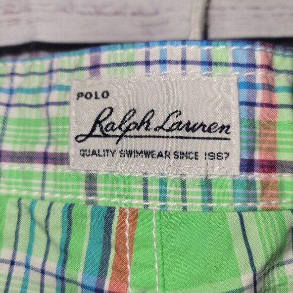Polo Ralph Lauren Swim Trunks Size 34 Mens Green Plaid Cargo Drawstring Unlined - Picture 2 of 16
